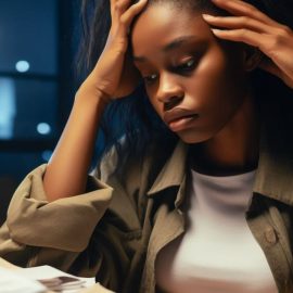 A woman suffering from bad stress and good stress as she faces piles of paperwork.