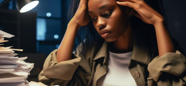 The Many Differences Between Bad Stress and Good Stress A woman suffering from bad stress and good stress as she faces piles of paperwork.