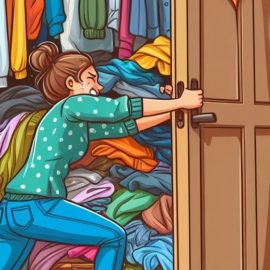 A woman stuffing clothes in a closet that won't close.