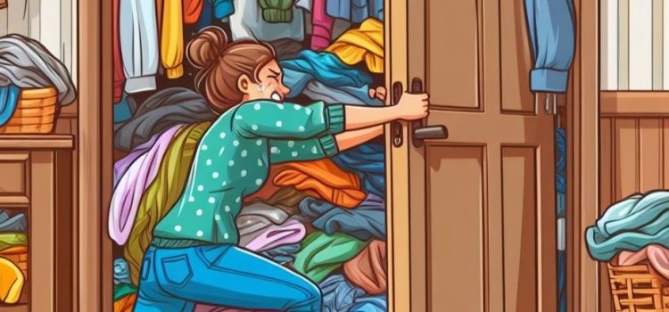 Pushing Back Against Societal Pressures Around Cleanliness A woman stuffing clothes in a closet that won't close.