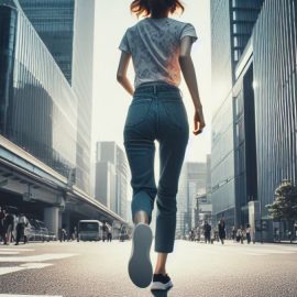 A woman taking a risk as she walks in the middle of the street in a city.