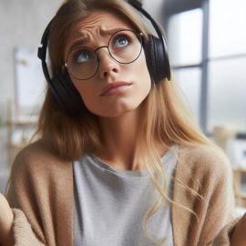 A curious woman wondering what drives human behavior as she wears headphones.