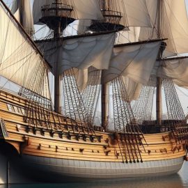 A wooden ship with sails representing the Mayflower