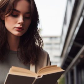 A young woman reading a book outside a building.