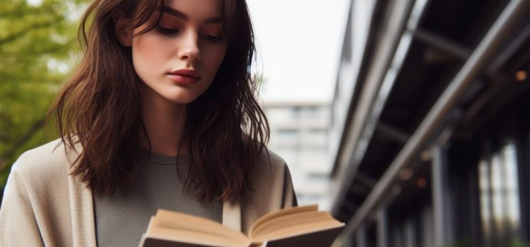 A young woman reading a book outside a building.