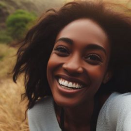 A woman smiling outside in a field.