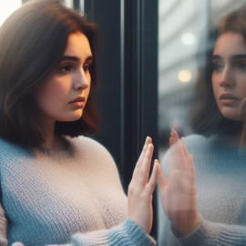 A sad woman regrets purchases as she holds her hand against a glass window displaying a coat in the city.