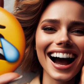 A crying emoji next to a smiling, gleeful woman.