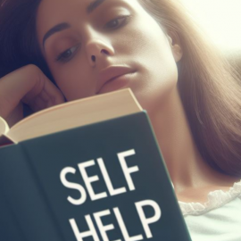 A woman reading a book titled "SELF HELP" on a couch.