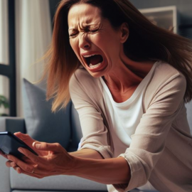 An angry woman yelling while holding her phone in an office.