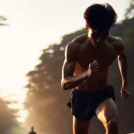 A man running on the street with the sun behind him.