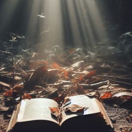 A light shining on an open book on the ground in the forest.