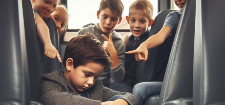 Children pointing at a sad boy who's getting teased on a school bus.