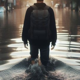 A young man walking through a flooded city street wearing a backpack