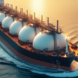 A cargo ship on the ocean carrying liquid natural gas.