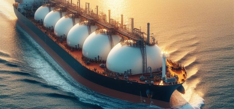 A cargo ship on the ocean carrying liquid natural gas.