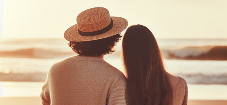 How to Navigate Personal Development and Relationships A man wearing a hat with a woman leaning on him, watching the sunset at the beach, displaying personal development in relationships.