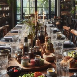 A long dining table with food and plates.