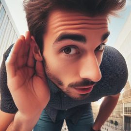The psychology of secrets represented by a man leaning in and cupping his ear to hear a secret.