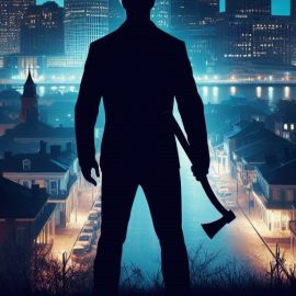 The silhouette of a man holding an axe at night looking at the city of New Orleans