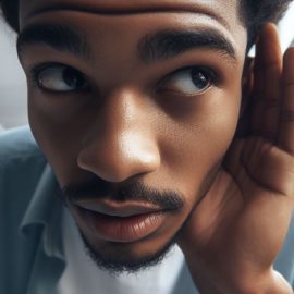A man wondering is secrets are bad, while also leaning in and cupping his ear to hear a secret.