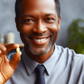 A smiling man holding a prescription pill.