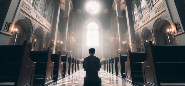 The Psychology of Religion: Is It Helpful or Harmful? A man praying on the floor of a religious church