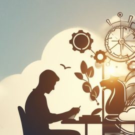 A silhouette of a pesron writing at a desk with gears and clouds in the sky.