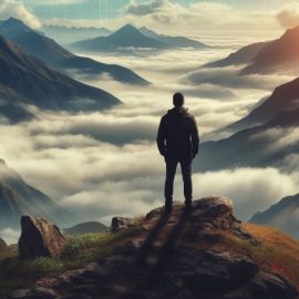 A man standing on a summit peak above the clouds of the mountains.