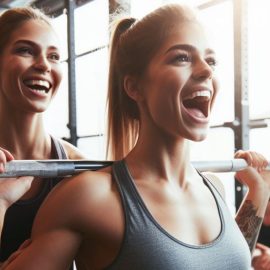 a smiling woman lifting weights and cheered on by a woman coaching and encouraging her, illustrating motivation for goals