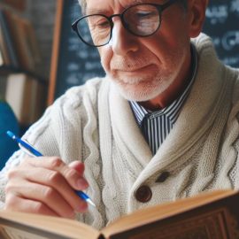 A senior man studying a different language in a notebook in a classroom