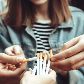 Teenagers participating in bad decision-making by taking cigarettes out of a person's hand.