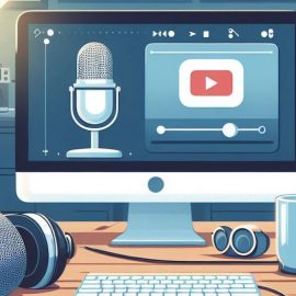 A podcast setup with a computer, keyboard, and headphones on a desk.