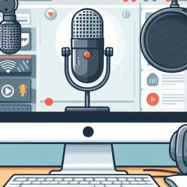 A podcast setup with microphone and computer for an interview.