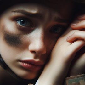 A sad woman in a military uniform with paint on her face.