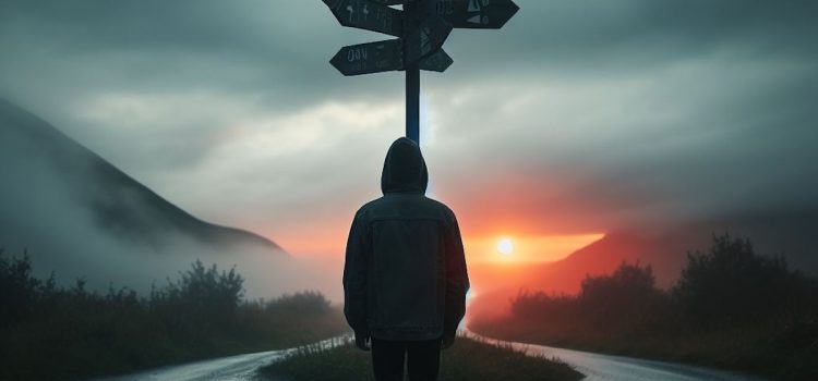 How to Find What Makes You Happy: Your Personal Path to Joy A silhouette of a person wearing a hoodie facing a crossroad sign in nature.