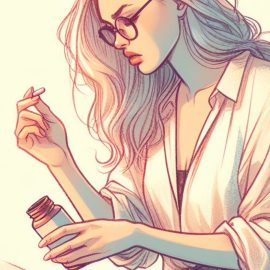 A woman with glasses holding a prescription bottle while taking a pill.