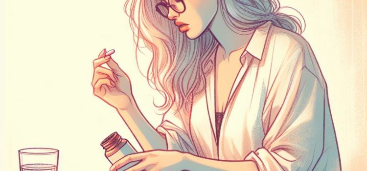 A woman with glasses holding a prescription bottle while taking a pill.