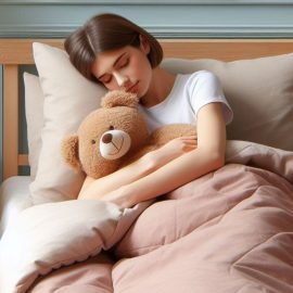 A woman using the best breathing techniques for sleep while holding a teddy bear and sleeping in bed.