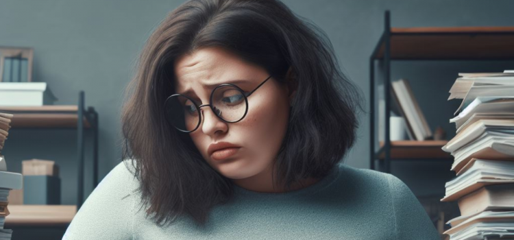 How to Prioritize Workload Tasks: Face Reality & Work Like Ike A woman wearing glasses and looking stressed with piles of papers, wondering how to prioritize her workload