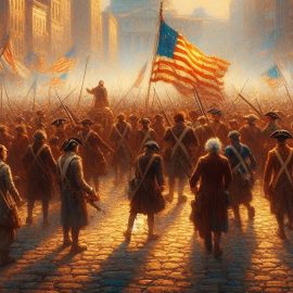 soldiers and flags in a city street during the American Revolution ("A Kind of Revolution") or the War for Independence