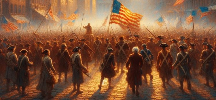 A Kind of Revolution: Howard Zinn on the War for Independence soldiers and flags in a city street during the American Revolution ("A Kind of Revolution") or the War for Independence
