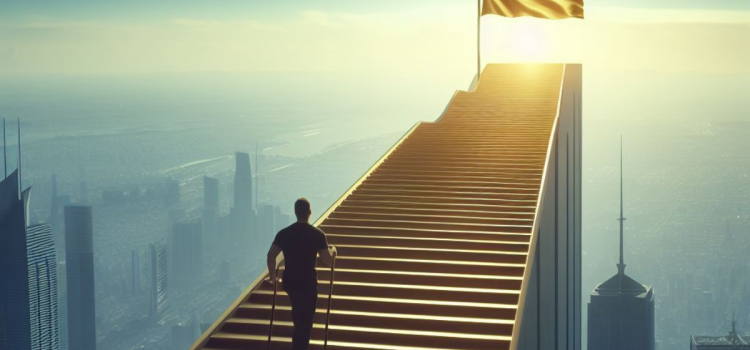 How to Take Action on Your Goals: 3 Tactics to Reach Success A man walking up steps above a city illustrates how to take action on your goals