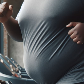 An overweight man running on a treadmill, showing the science behind losing weight.