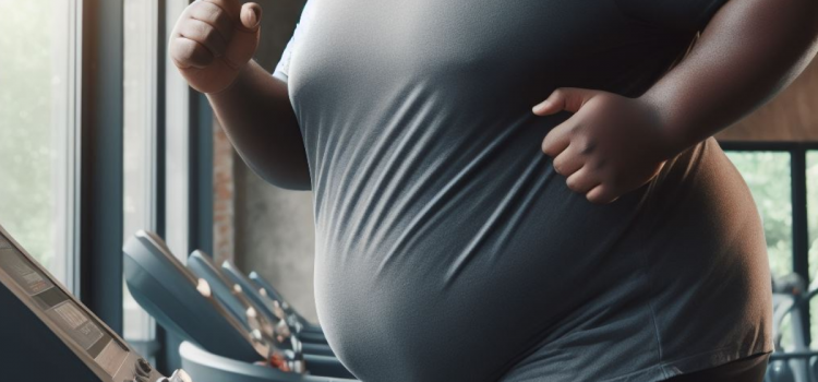 An overweight man running on a treadmill, showing the science behind losing weight.