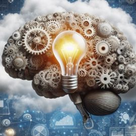 A brain that's in a flow state of mind full of gears and a lightbulb in front of a cloud