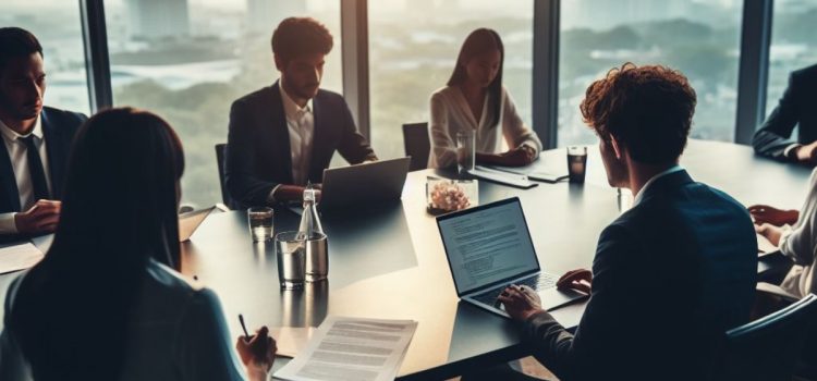 Several workers sitting at a table for a meeting on the business' operating system.