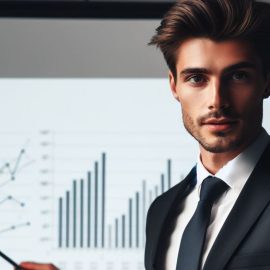 A businessman in a suit and tie pointing at graphs and charts on a screen that represent basic business principles.