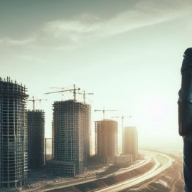 A businessman succeeding at his business growth plan, looking at high-rise buildings being constructed in the distance.