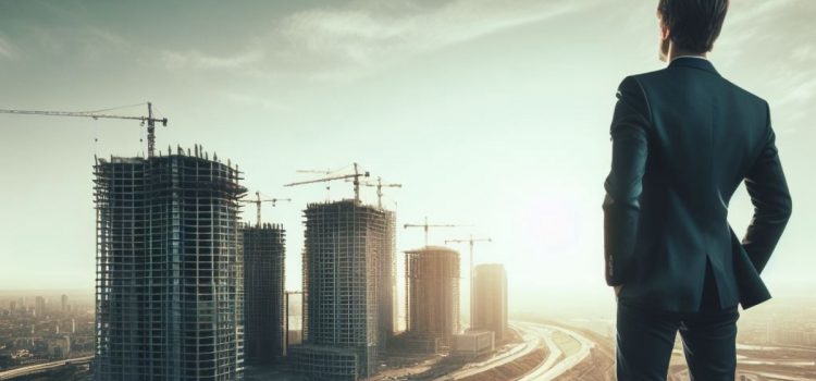 A Business Growth Plan With Principles & Operating System A businessman succeeding at his business growth plan, looking at high-rise buildings being constructed in the distance.